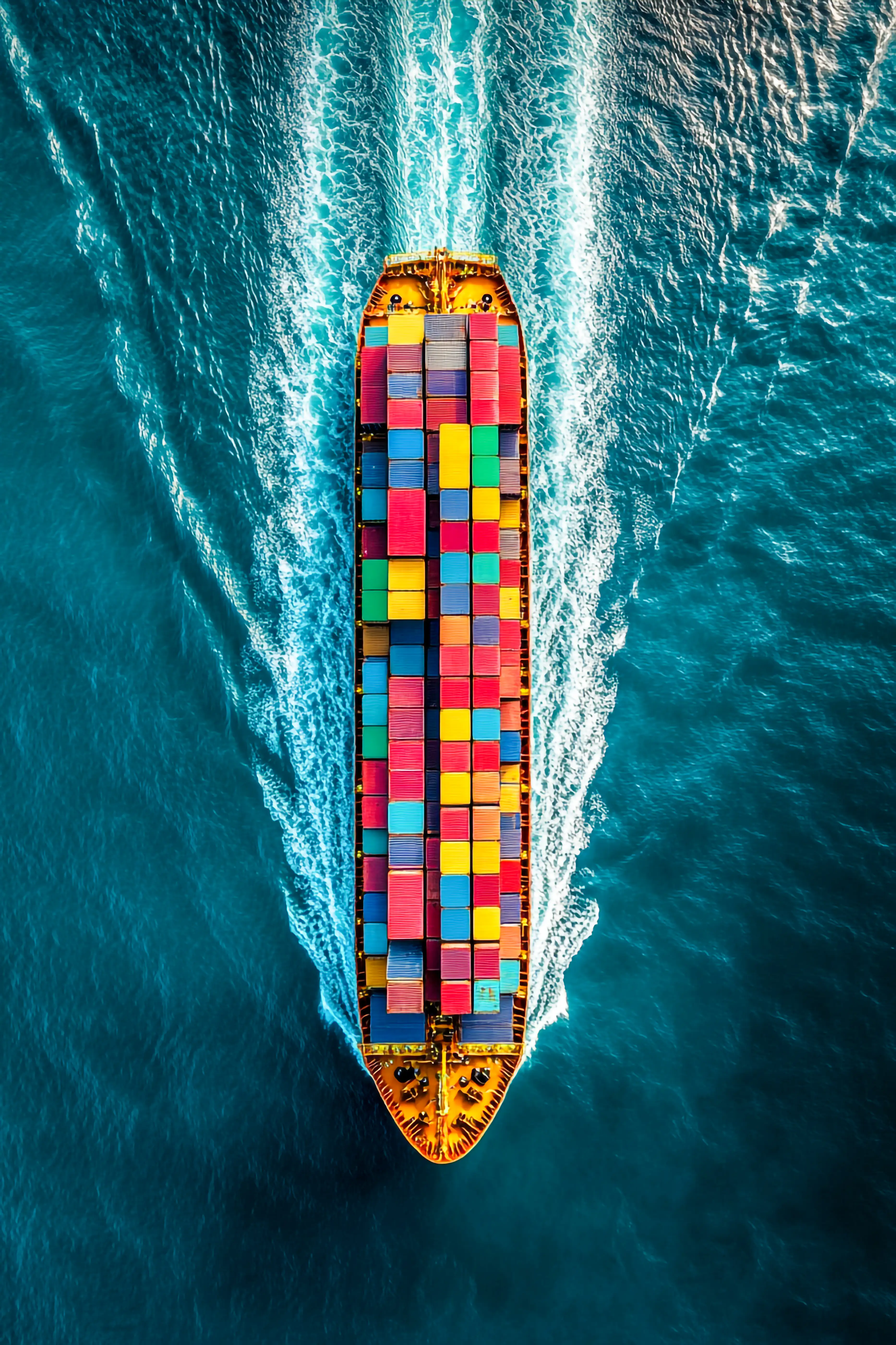 Top view of container ship sailing through ocean, global maritime logistics and cargo transportation